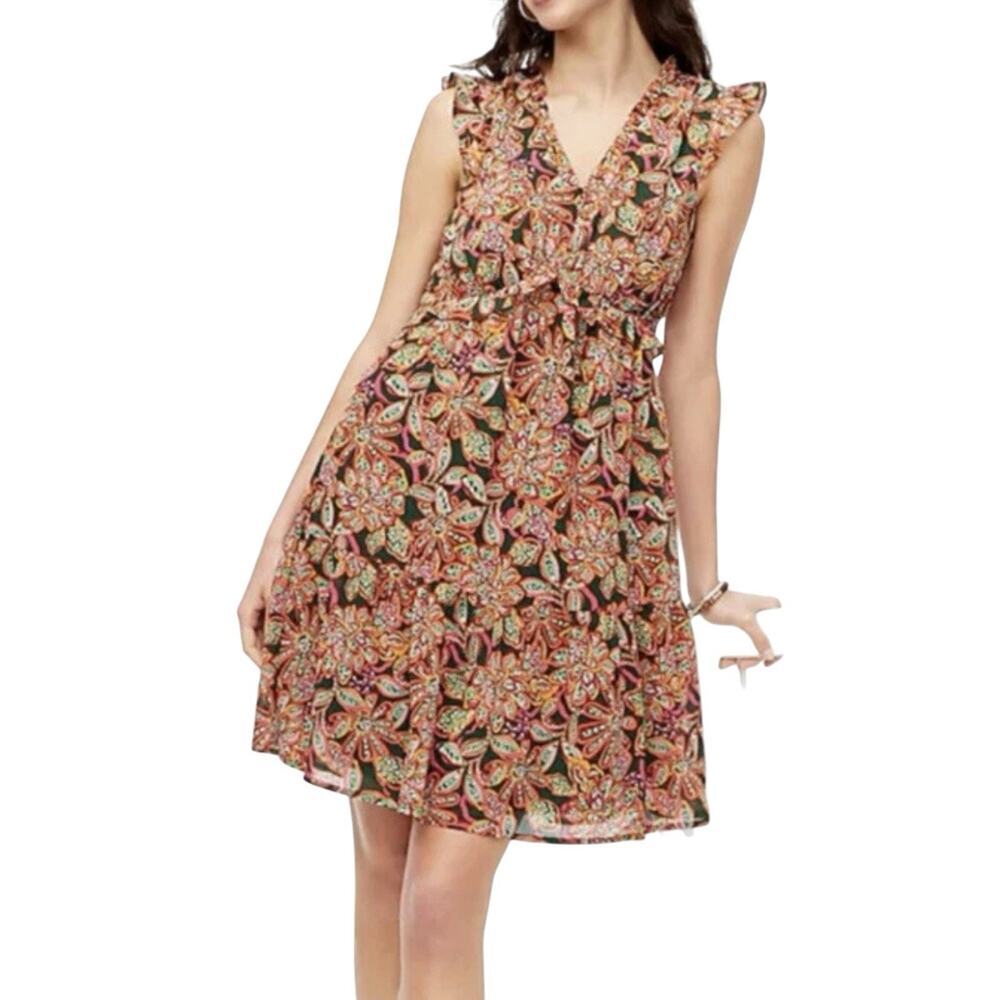 J Crew Green Orange Floral Ruffle V-neck Tiered Dress Size 4 - Picture 2 of 16